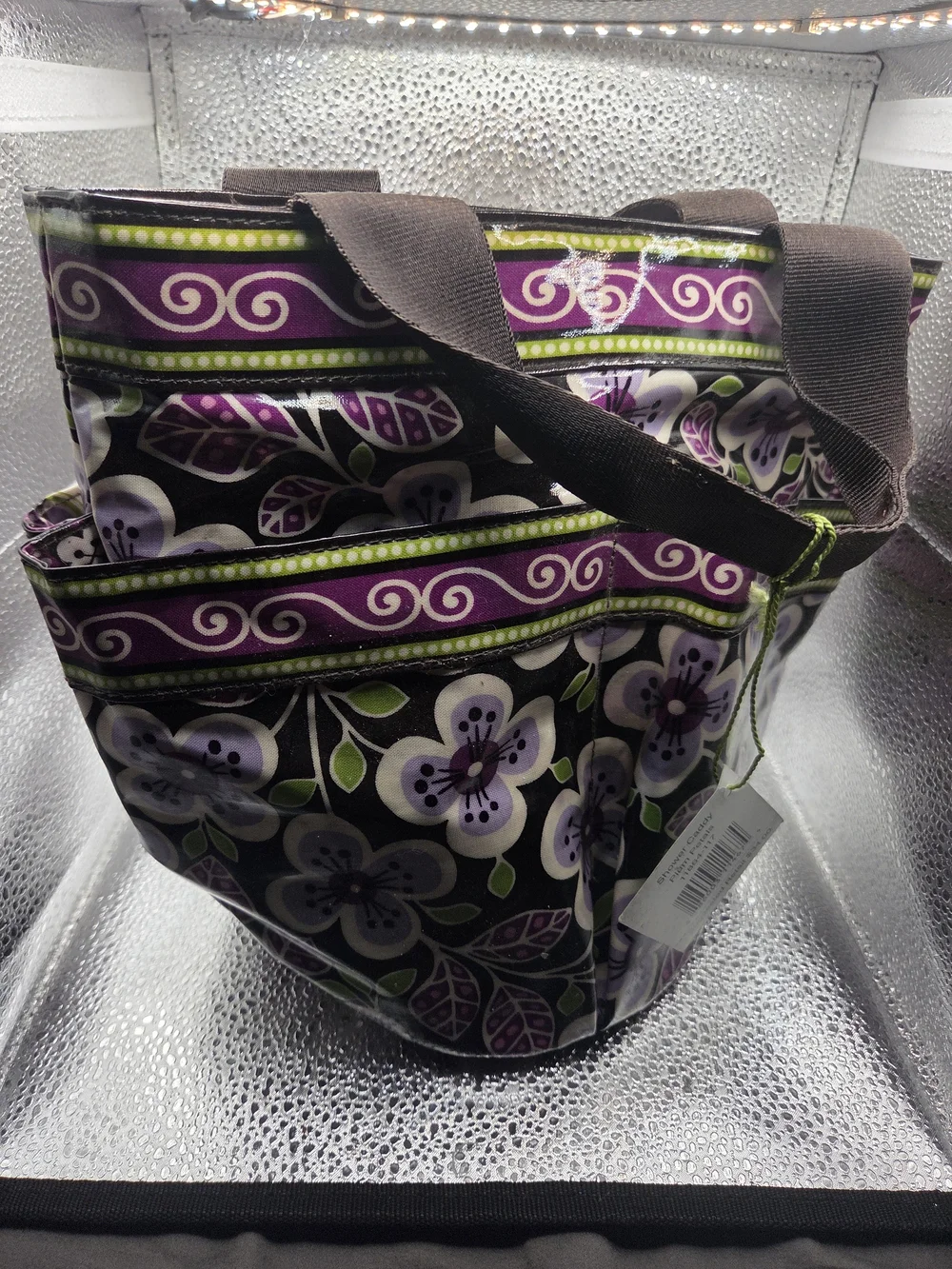 Purple Floral Tote Bag with Green Accents